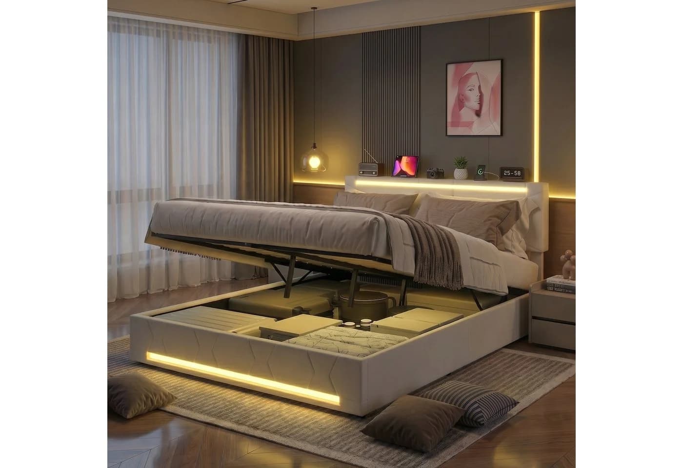 PXloue Polsterbett Modernes mit LED-Beleuchtung und Bettkasten Beige - Bild 2