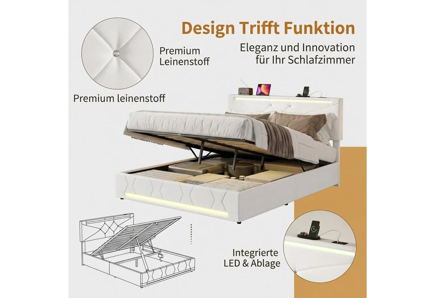 PXloue Polsterbett Modernes mit LED-Beleuchtung und Bettkasten Beige - Bild 4