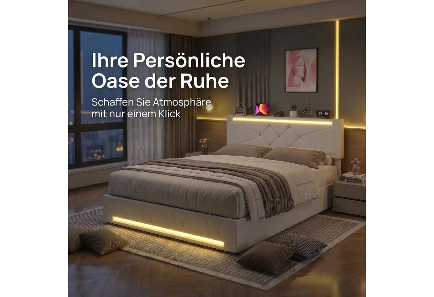 PXloue Polsterbett Modernes mit LED-Beleuchtung und Bettkasten Beige - Bild 5