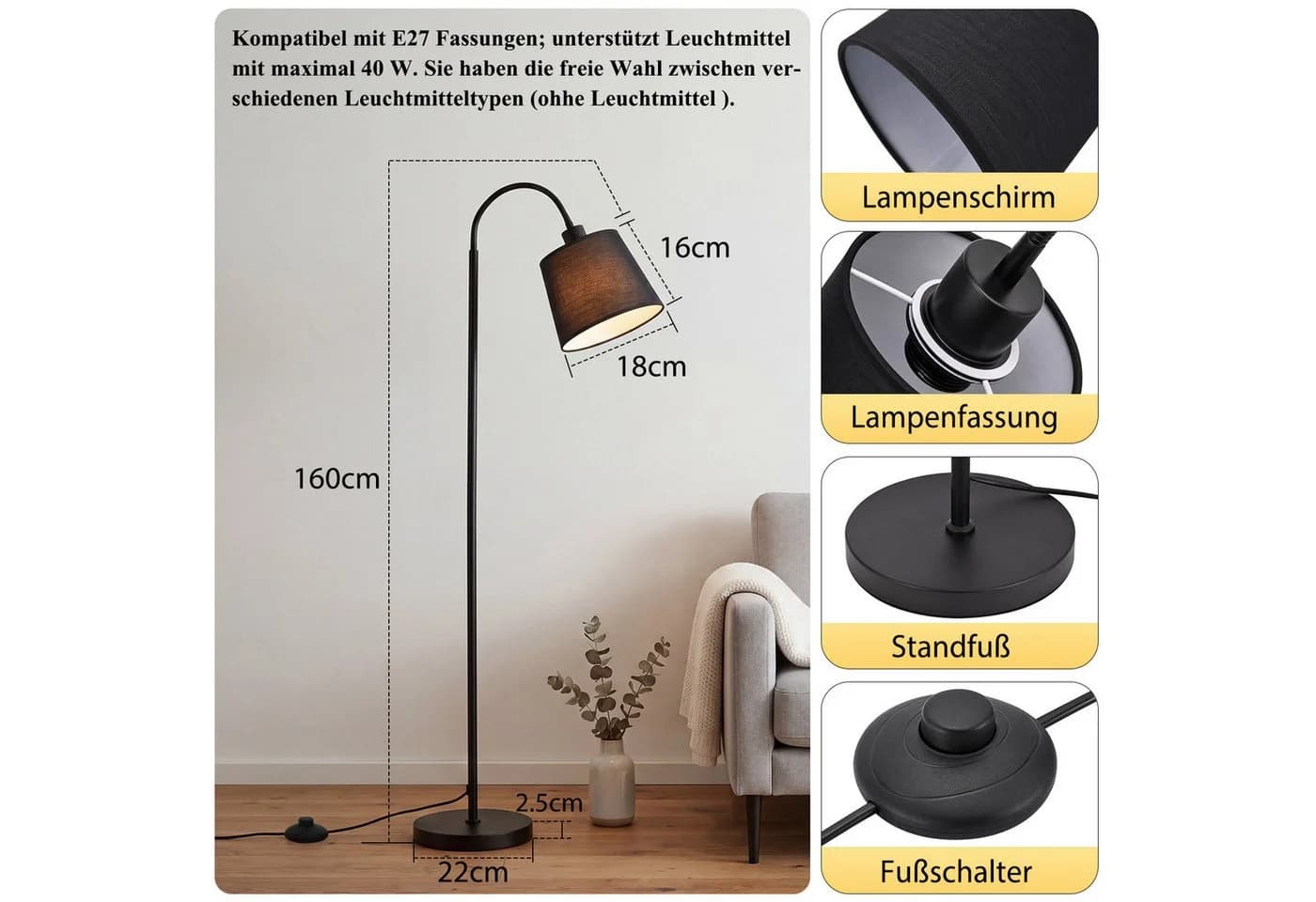 ZMH Stehlampe Schwarz E27 160 cm mit Fußschalter und verstellbarem Arm - Bild 4