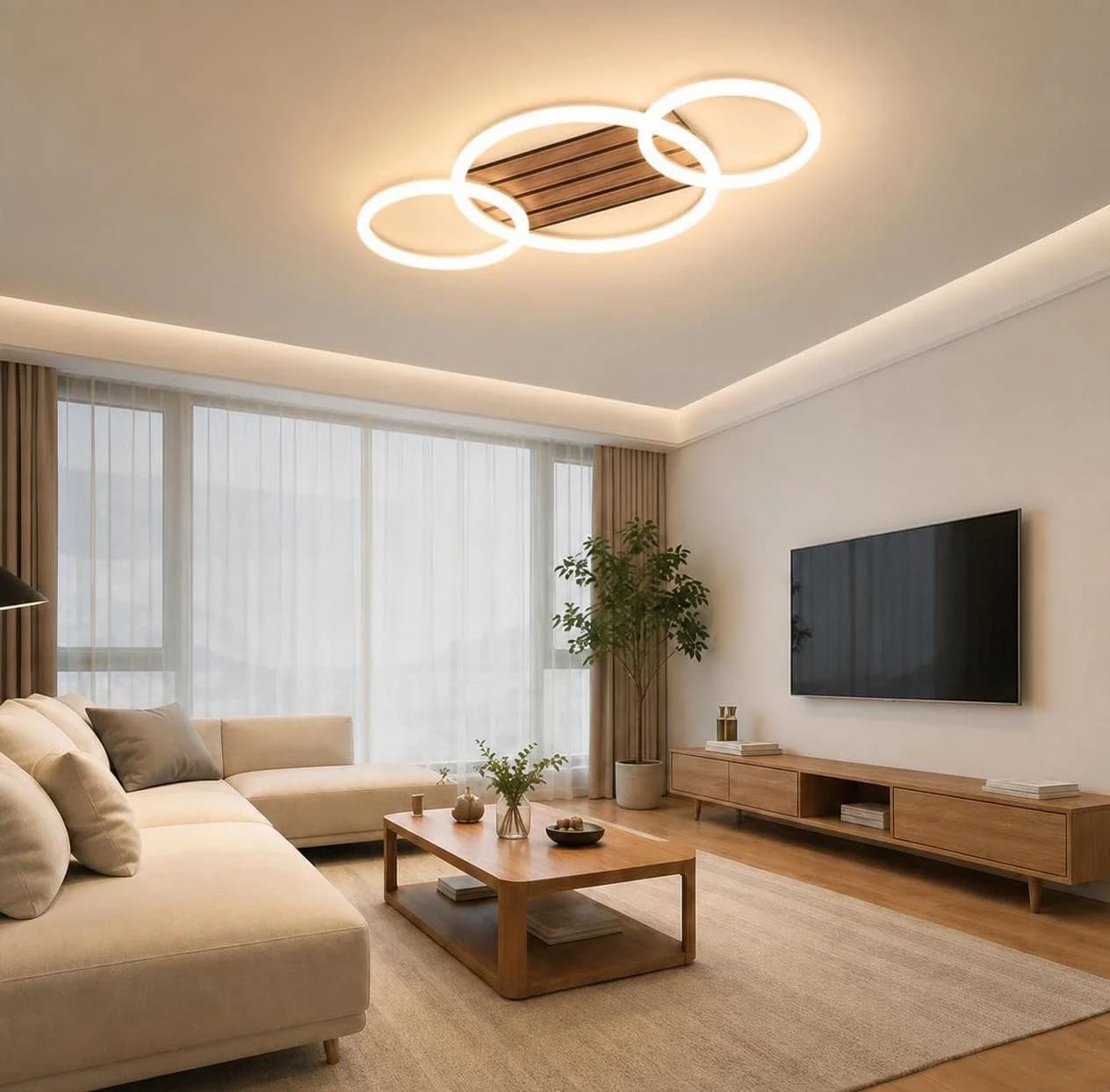 ZMH LED Deckenleuchte 3-Ringe Schwarz Holzoptik 21W Warmweiß