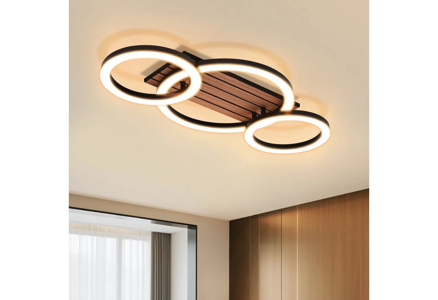 ZMH LED Deckenleuchte 3-Ringe Schwarz Holzoptik 21W Warmweiß - Bild 2