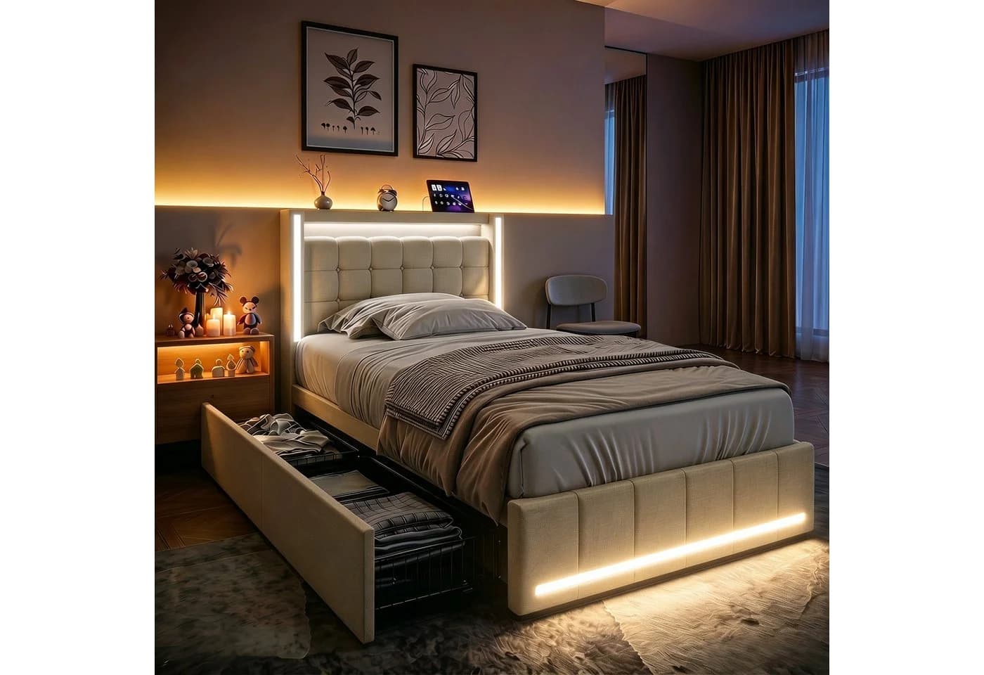 PXloue Polsterbett mit LED, 4 Schubladen und Lattenrost Beige - Bild 2