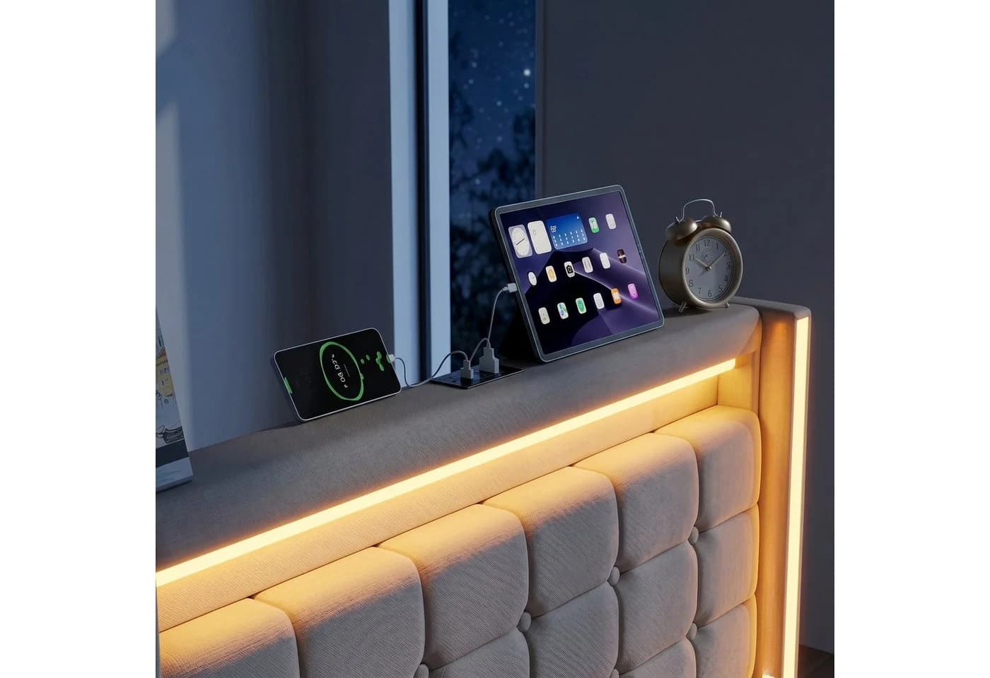 PXloue Polsterbett mit LED, 4 Schubladen und Lattenrost Beige - Bild 3
