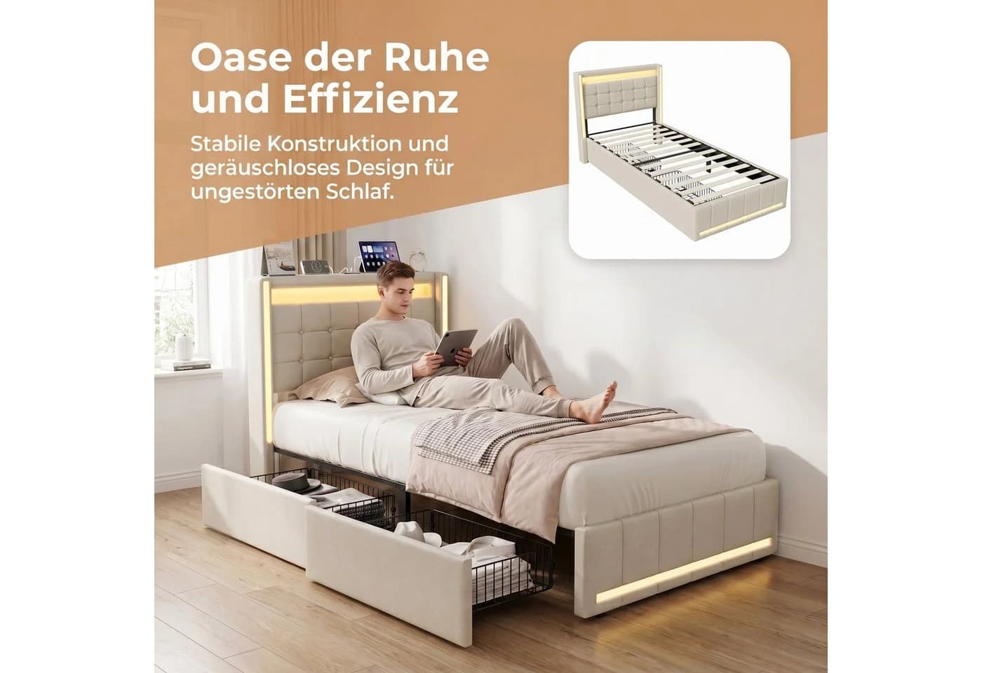 PXloue Polsterbett mit LED, 4 Schubladen und Lattenrost Beige - Bild 4