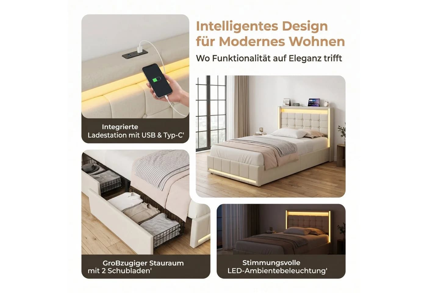 PXloue Polsterbett mit LED, 4 Schubladen und Lattenrost Beige - Bild 5