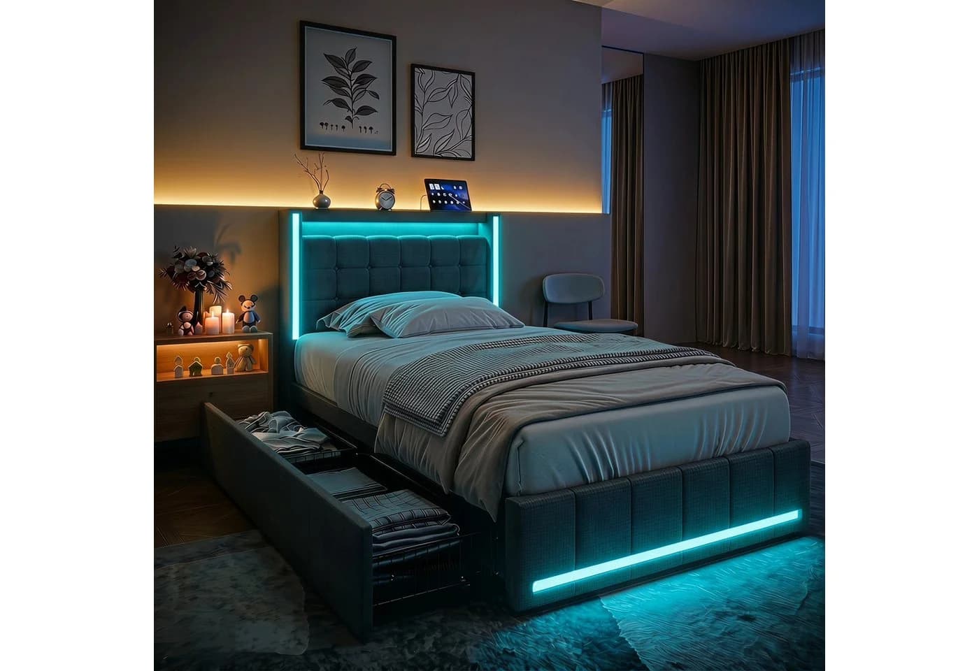 PXloue Polsterbett LED mit USB-Anschluss und Stauraum Grau - Bild 2