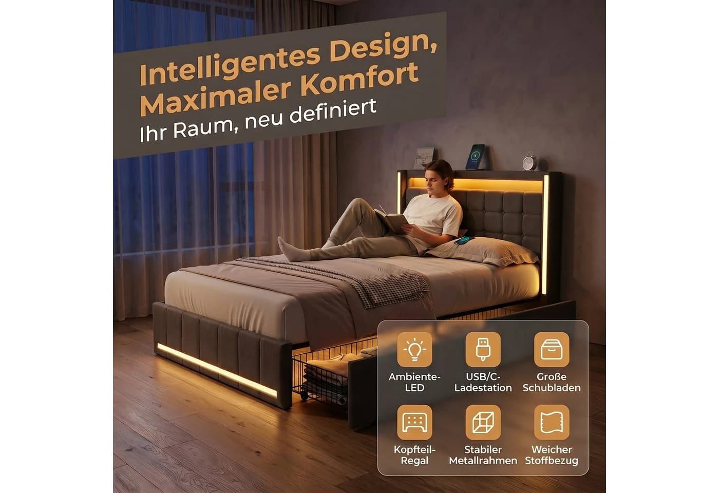 PXloue Polsterbett LED mit USB-Anschluss und Stauraum Grau - Bild 3