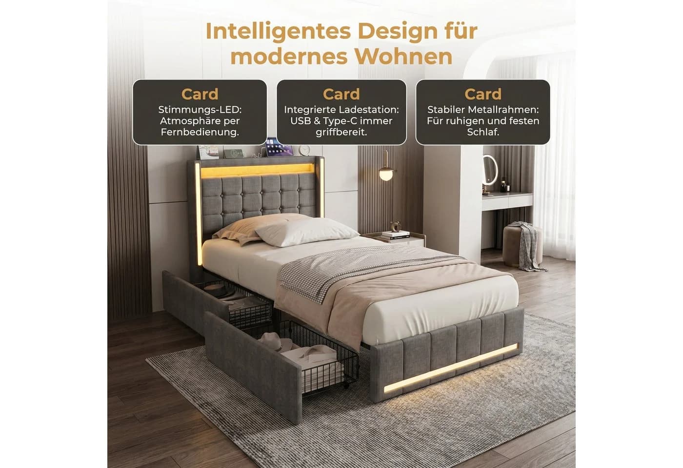 PXloue Polsterbett LED mit USB-Anschluss und Stauraum Grau - Bild 5