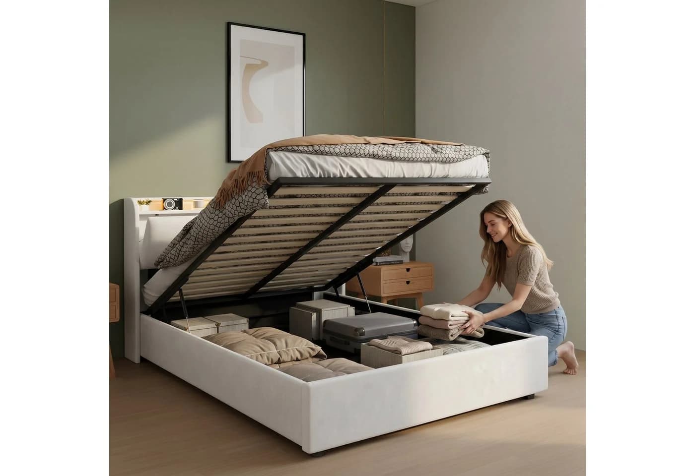 PXloue Polsterbett LED Samt Bettkasten Beige