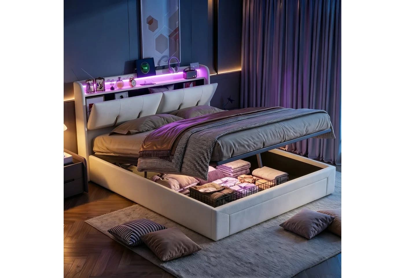 PXloue Polsterbett LED Samt Bettkasten Beige - Bild 2