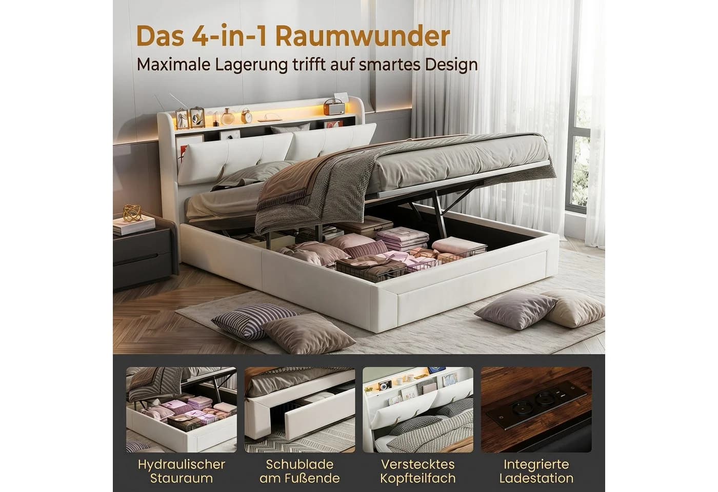 PXloue Polsterbett LED Samt Bettkasten Beige - Bild 3