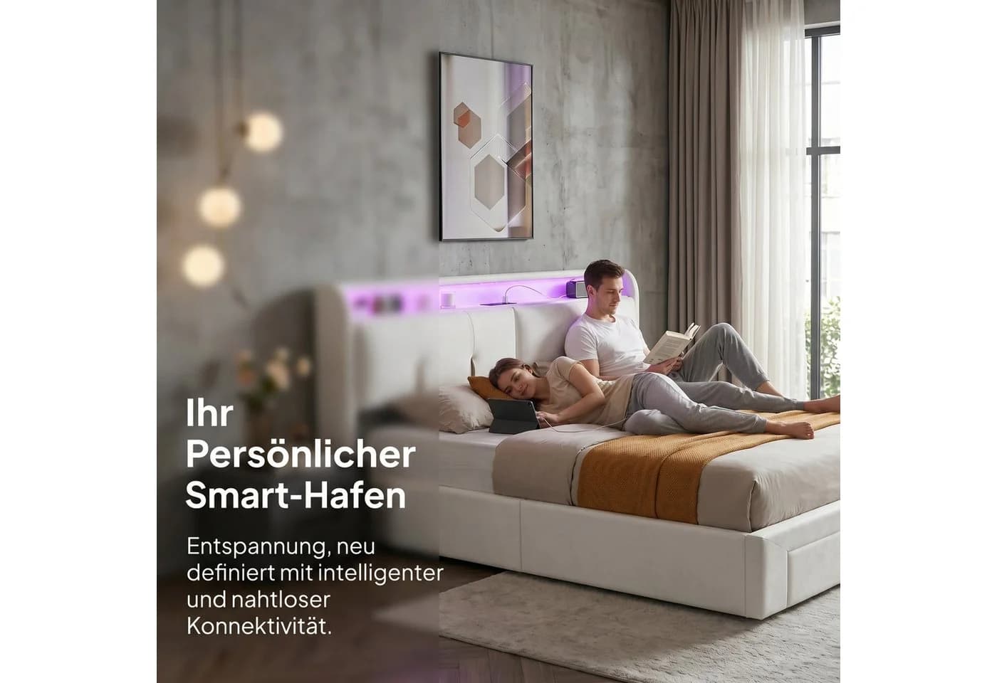 PXloue Polsterbett LED Samt Bettkasten Beige - Bild 5