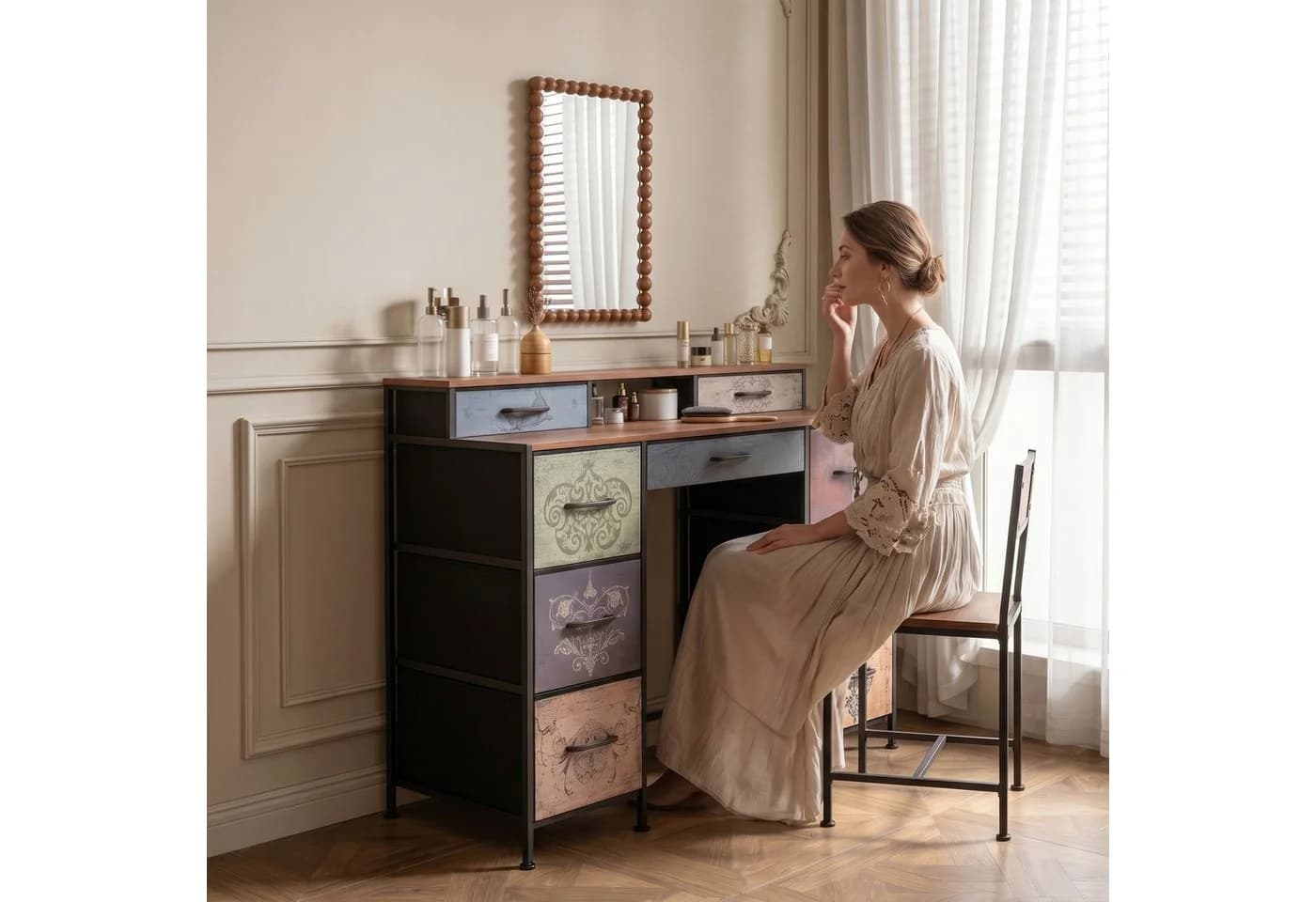 Furnishings Home Schminktisch Vintage 9 Schubladen Bunt Schwarz Braun