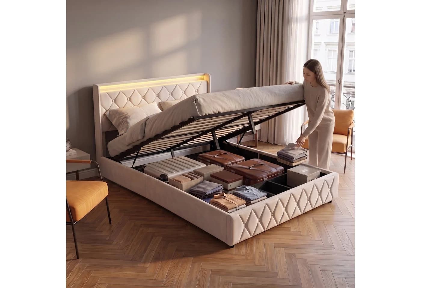 Furnishings Home Polsterbett mit LED, Stauraum & USB-Anschluss Beige