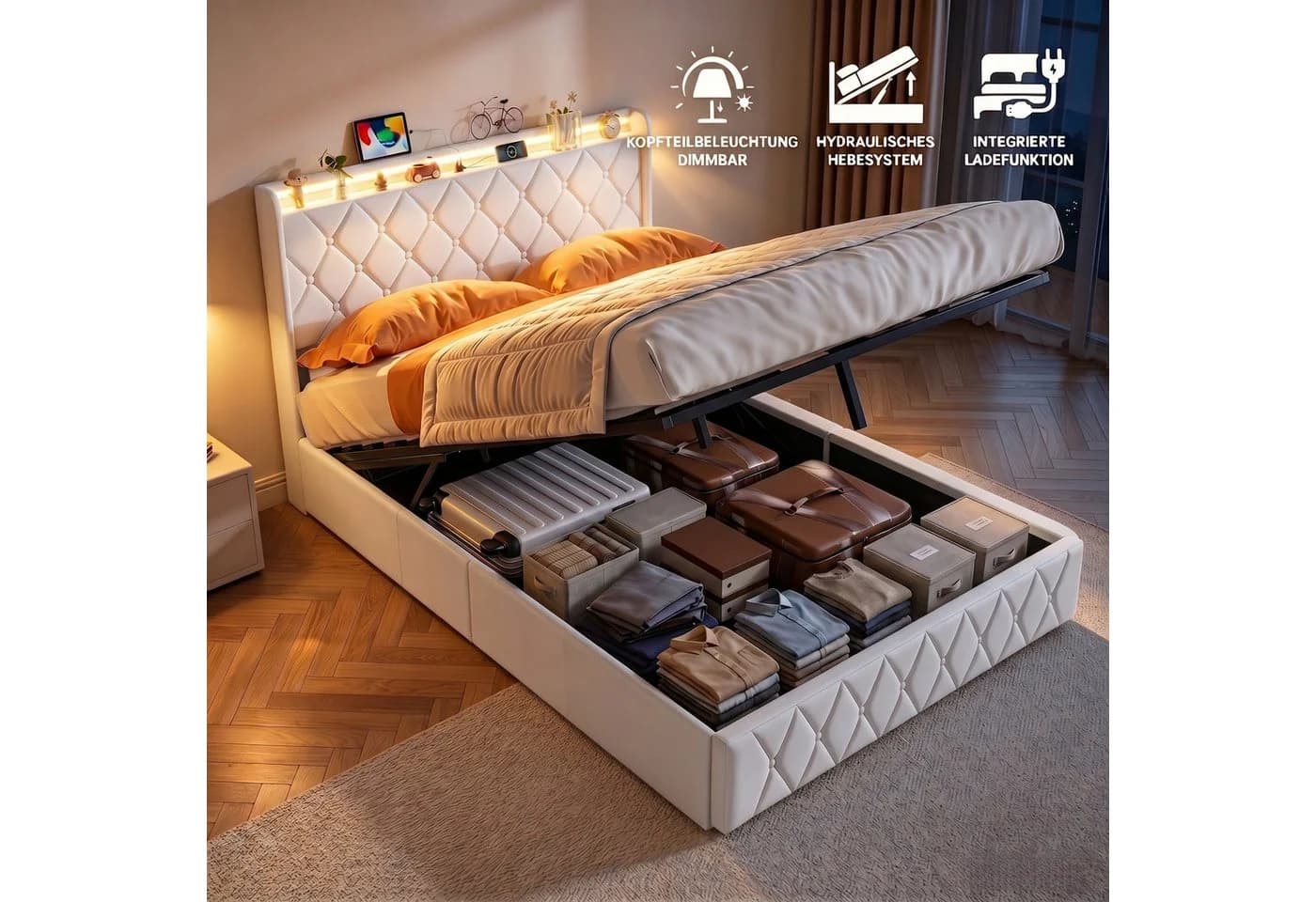 Furnishings Home Polsterbett mit LED, Stauraum & USB-Anschluss Beige - Bild 2