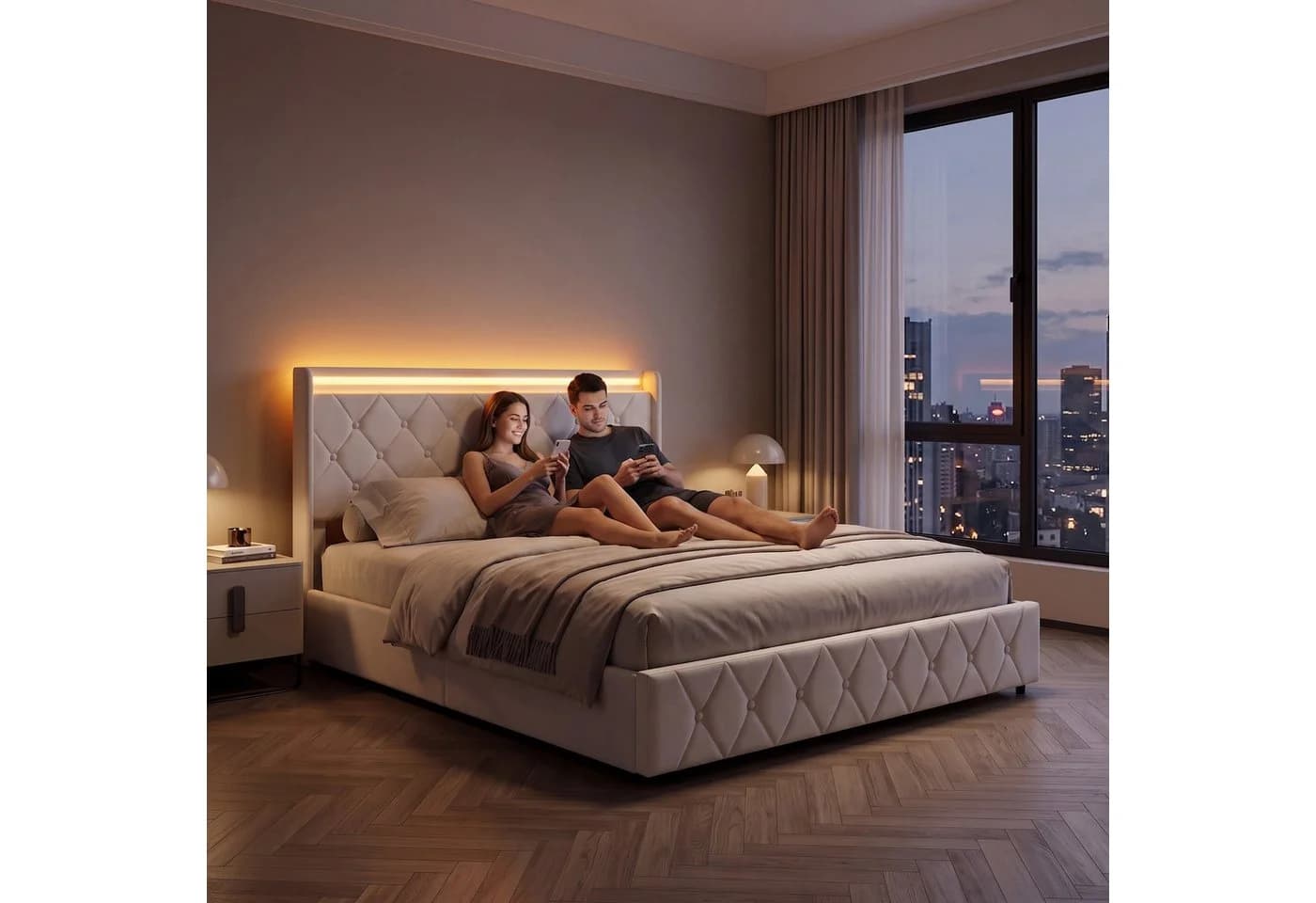 Furnishings Home Polsterbett mit LED, Stauraum & USB-Anschluss Beige - Bild 3