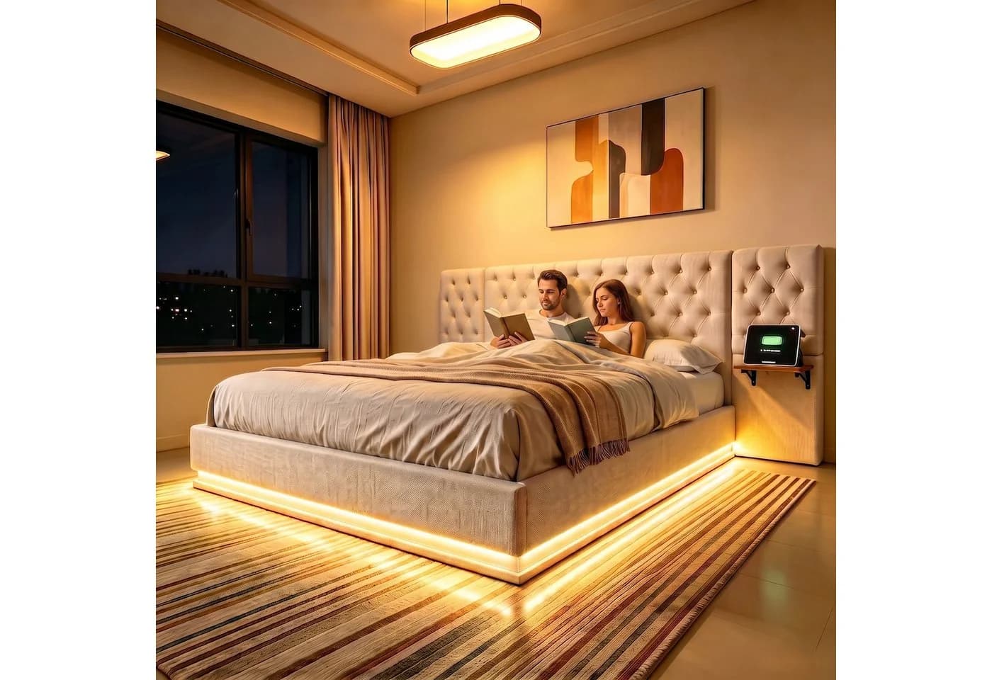 Furnishings Home Polsterbett 140x200 cm mit LED Licht und Bettkasten Beige
