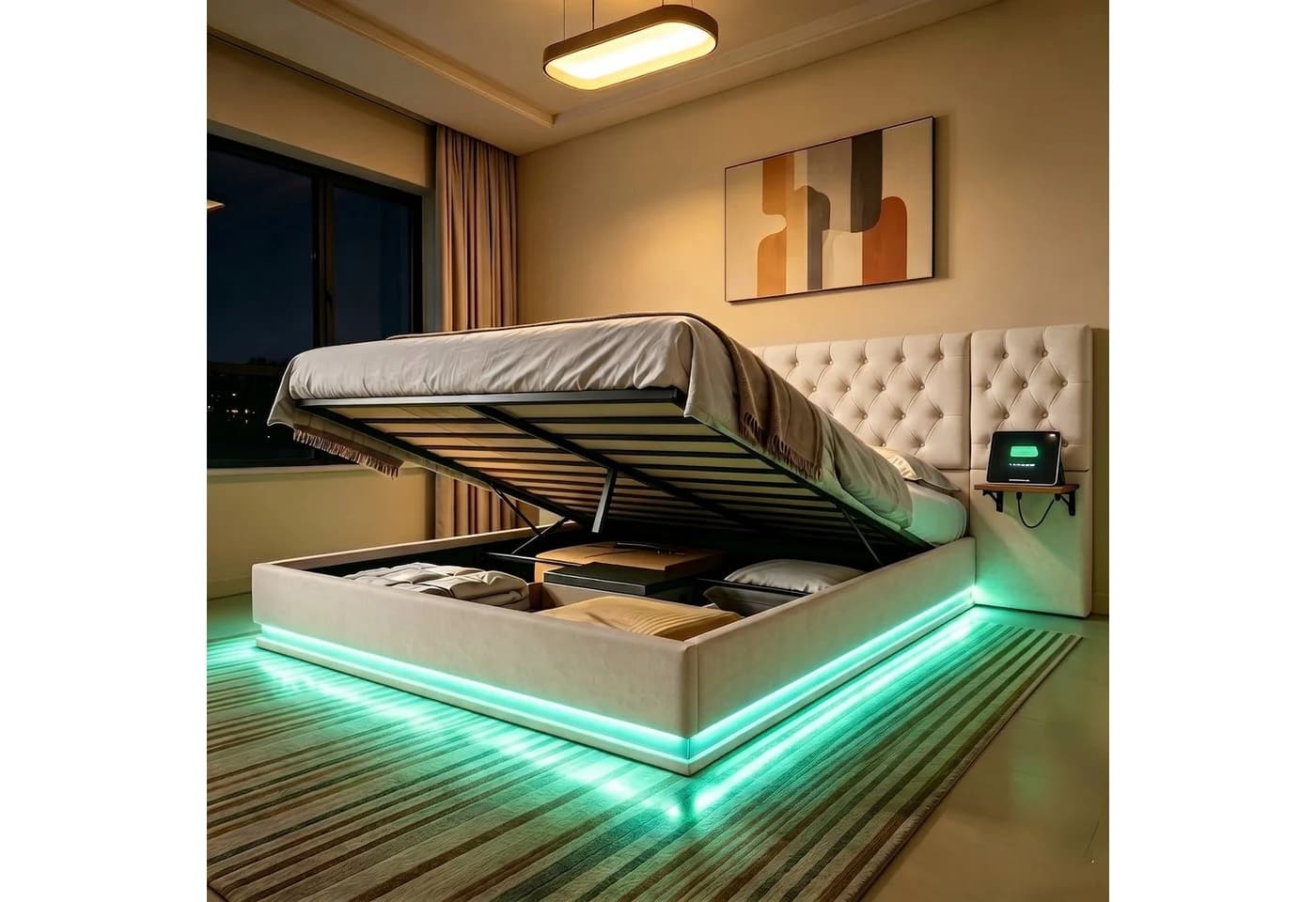 Furnishings Home Polsterbett 140x200 cm mit LED Licht und Bettkasten Beige - Bild 2