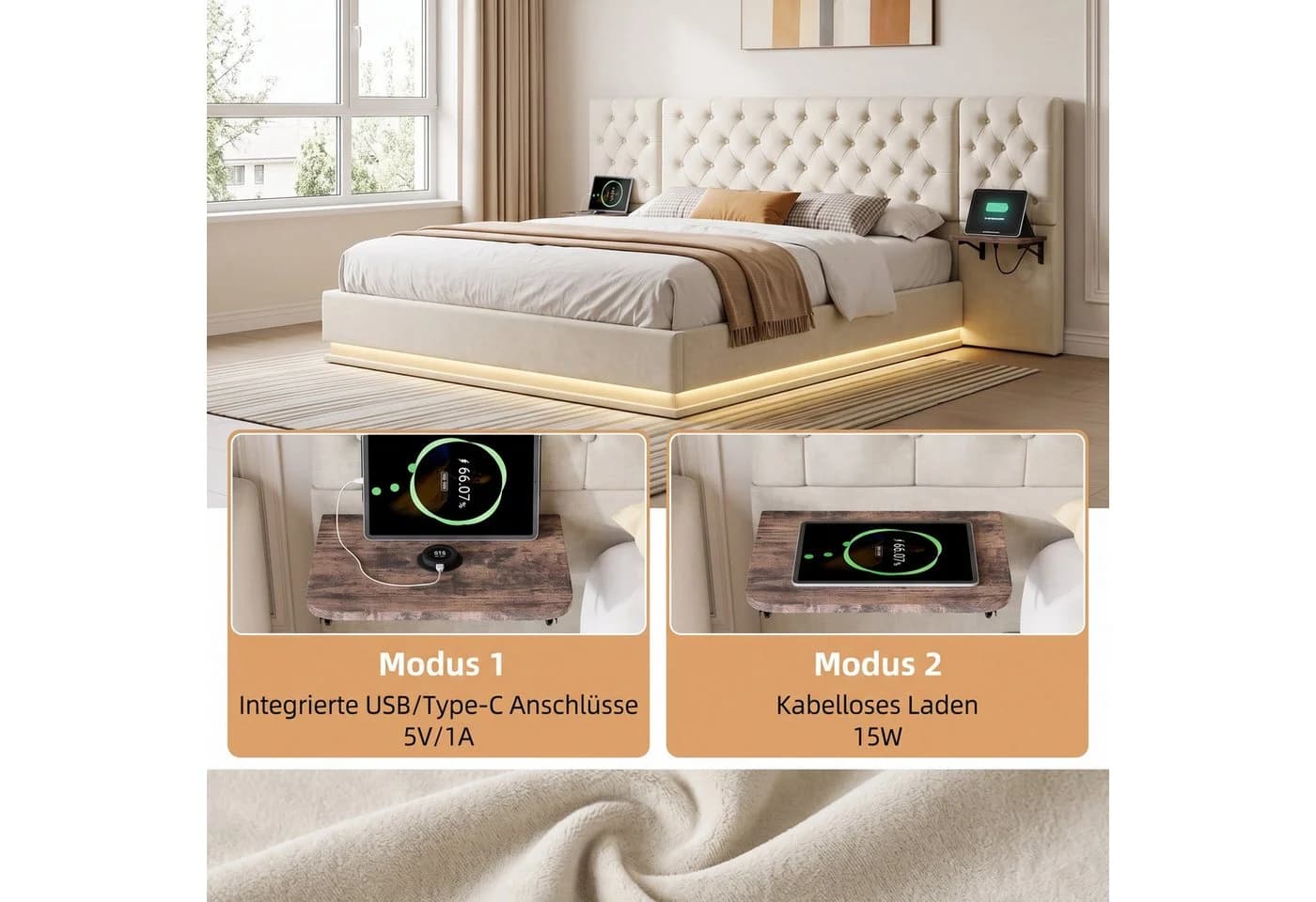 Furnishings Home Polsterbett 140x200 cm mit LED Licht und Bettkasten Beige - Bild 3