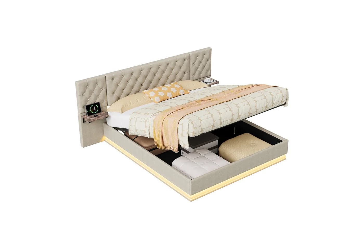 Furnishings Home Polsterbett 140x200 cm mit LED Licht und Bettkasten Beige - Bild 4