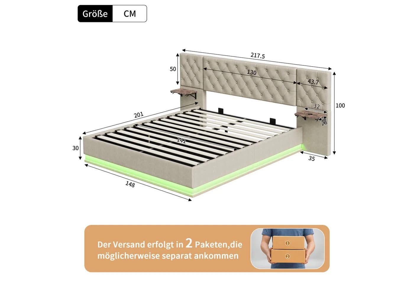 Furnishings Home Polsterbett 140x200 cm mit LED Licht und Bettkasten Beige - Bild 5