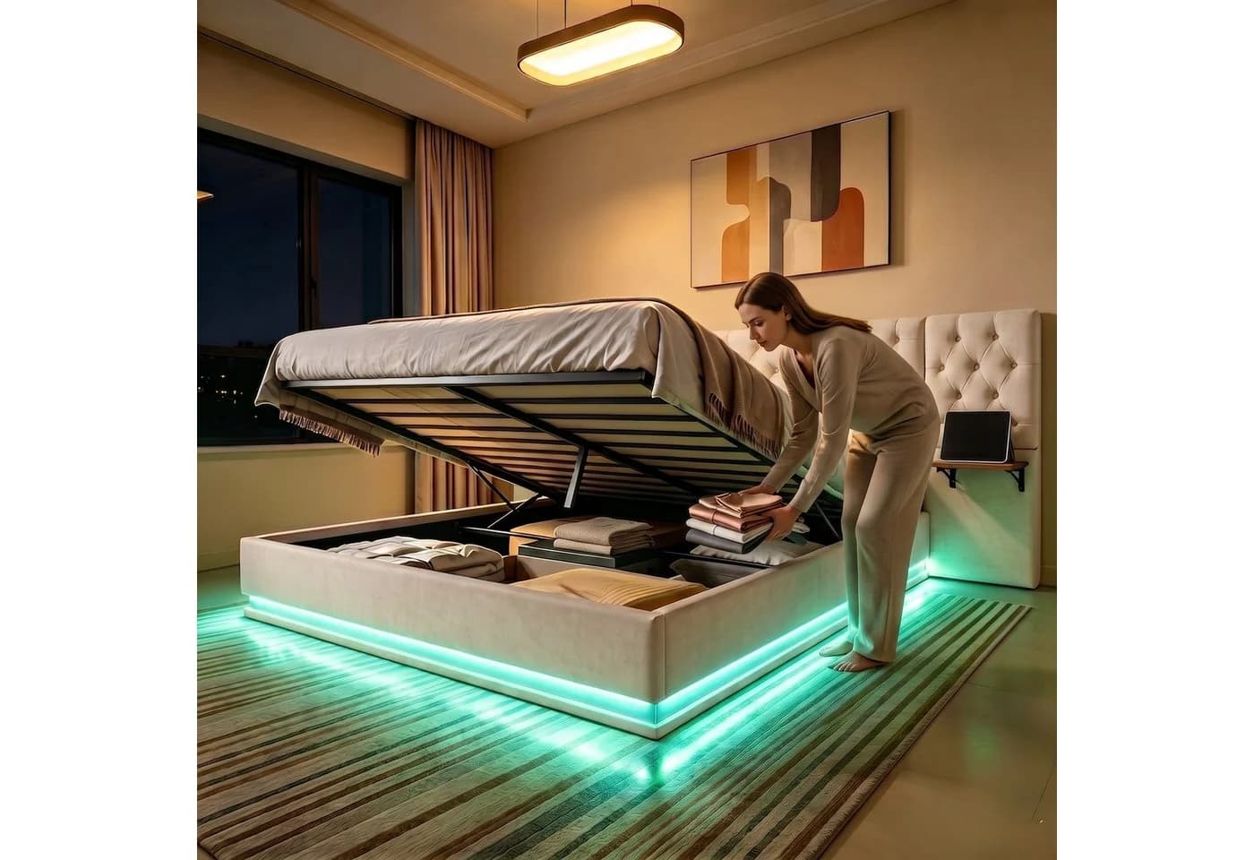PXloue Polsterbett Chesterfield Design mit LED-Beleuchtung und Bettkasten