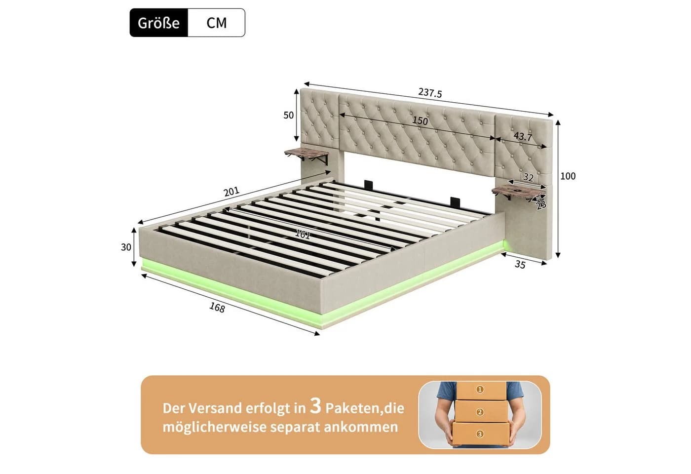 PXloue Polsterbett Chesterfield Design mit LED-Beleuchtung und Bettkasten - Bild 4