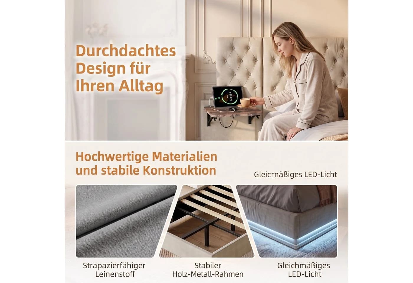 PXloue Polsterbett Chesterfield Design mit LED-Beleuchtung und Bettkasten - Bild 5