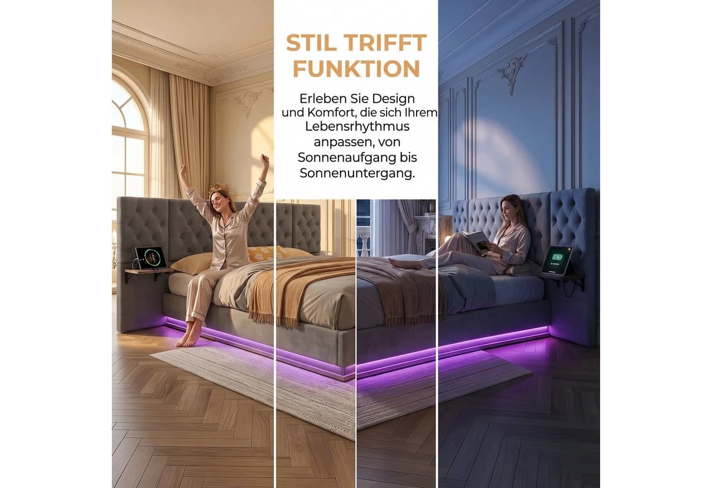 PXloue Polsterbett Chesterfield mit LED & Bettkasten Leinen 140x200