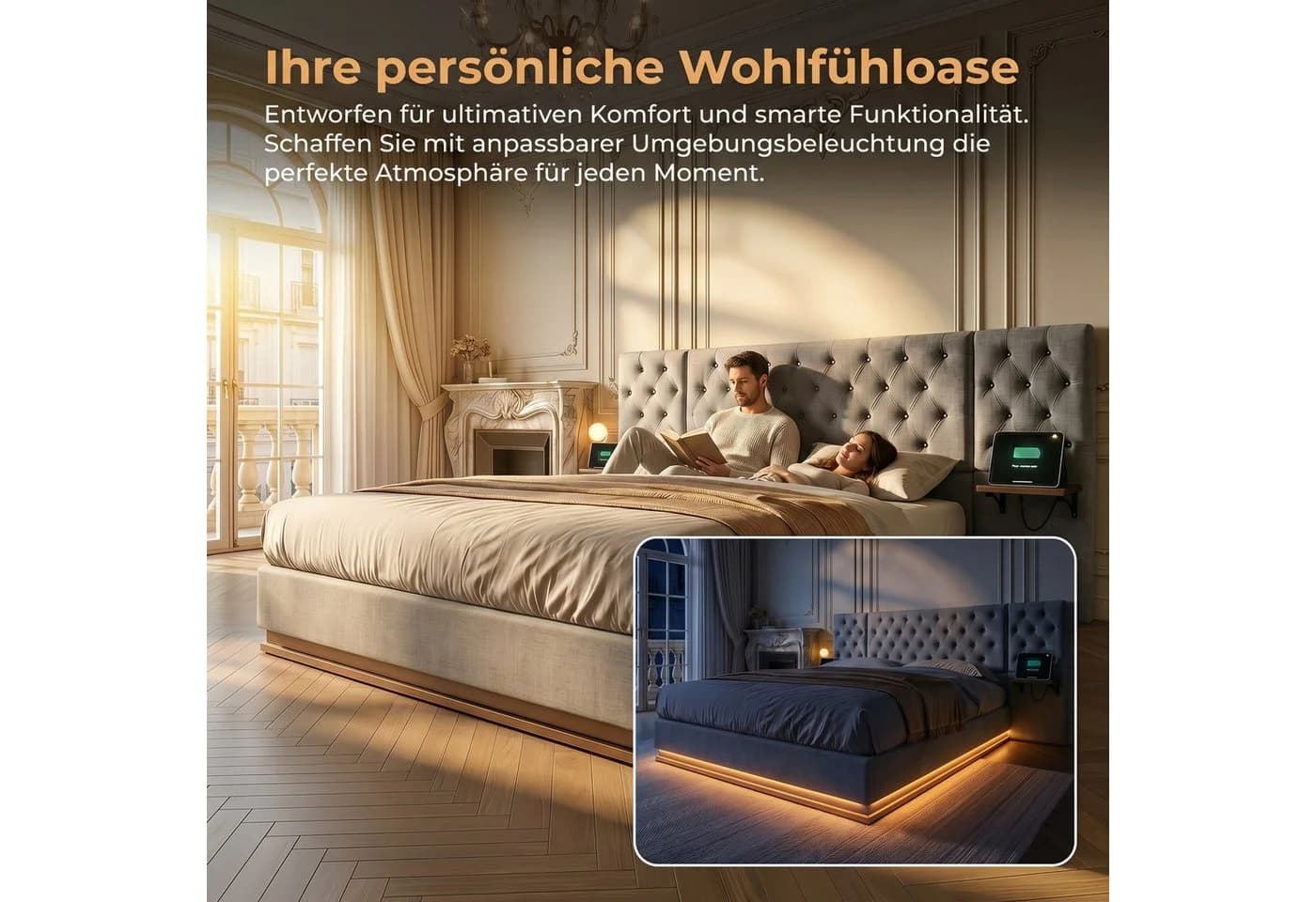 PXloue Polsterbett Chesterfield mit LED & Bettkasten Leinen 140x200 - Bild 3