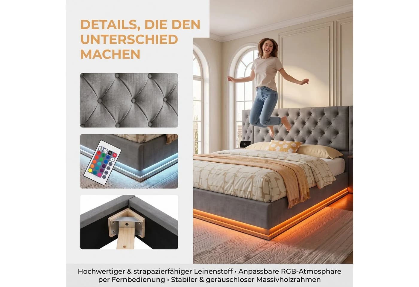 PXloue Polsterbett Chesterfield mit LED & Bettkasten Leinen 140x200 - Bild 5