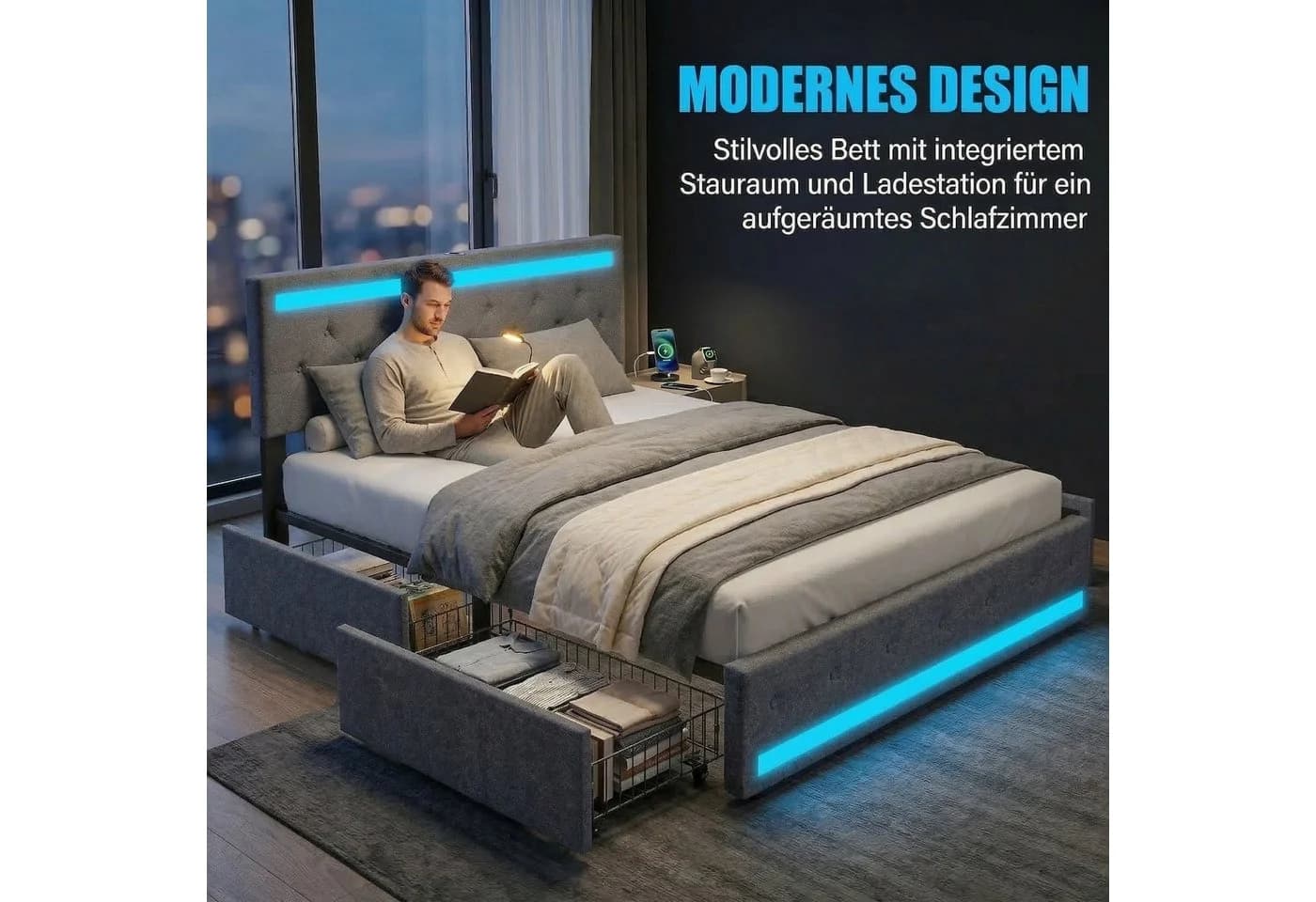 Gdood LED Polsterbett 180x200 grau mit Stauraum und RGB-Beleuchtung - Bild 3