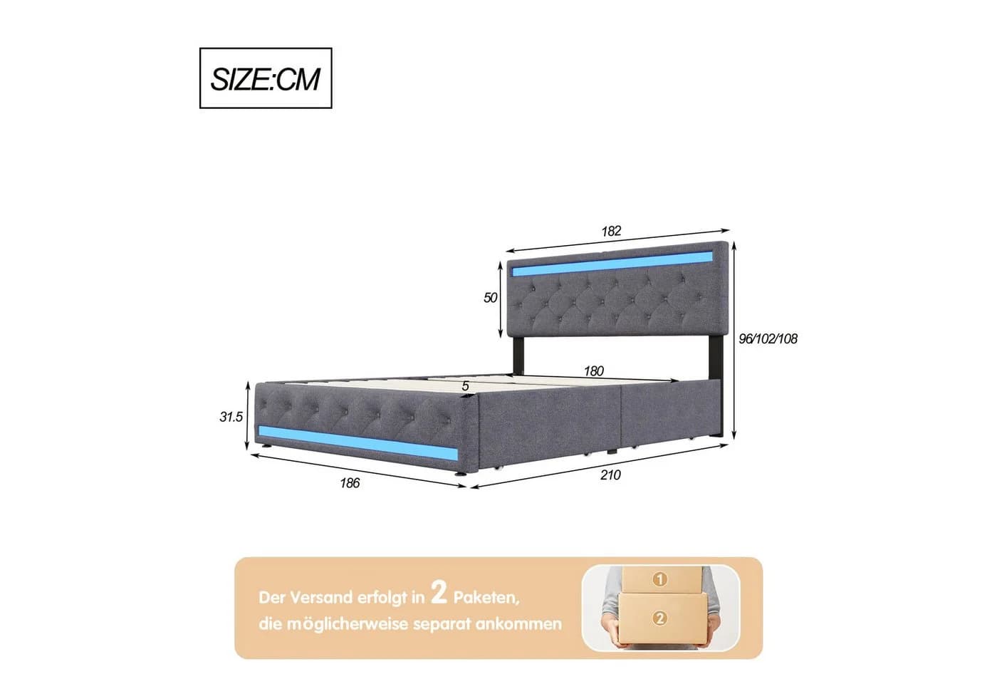 Gdood LED Polsterbett 180x200 grau mit Stauraum und RGB-Beleuchtung - Bild 5