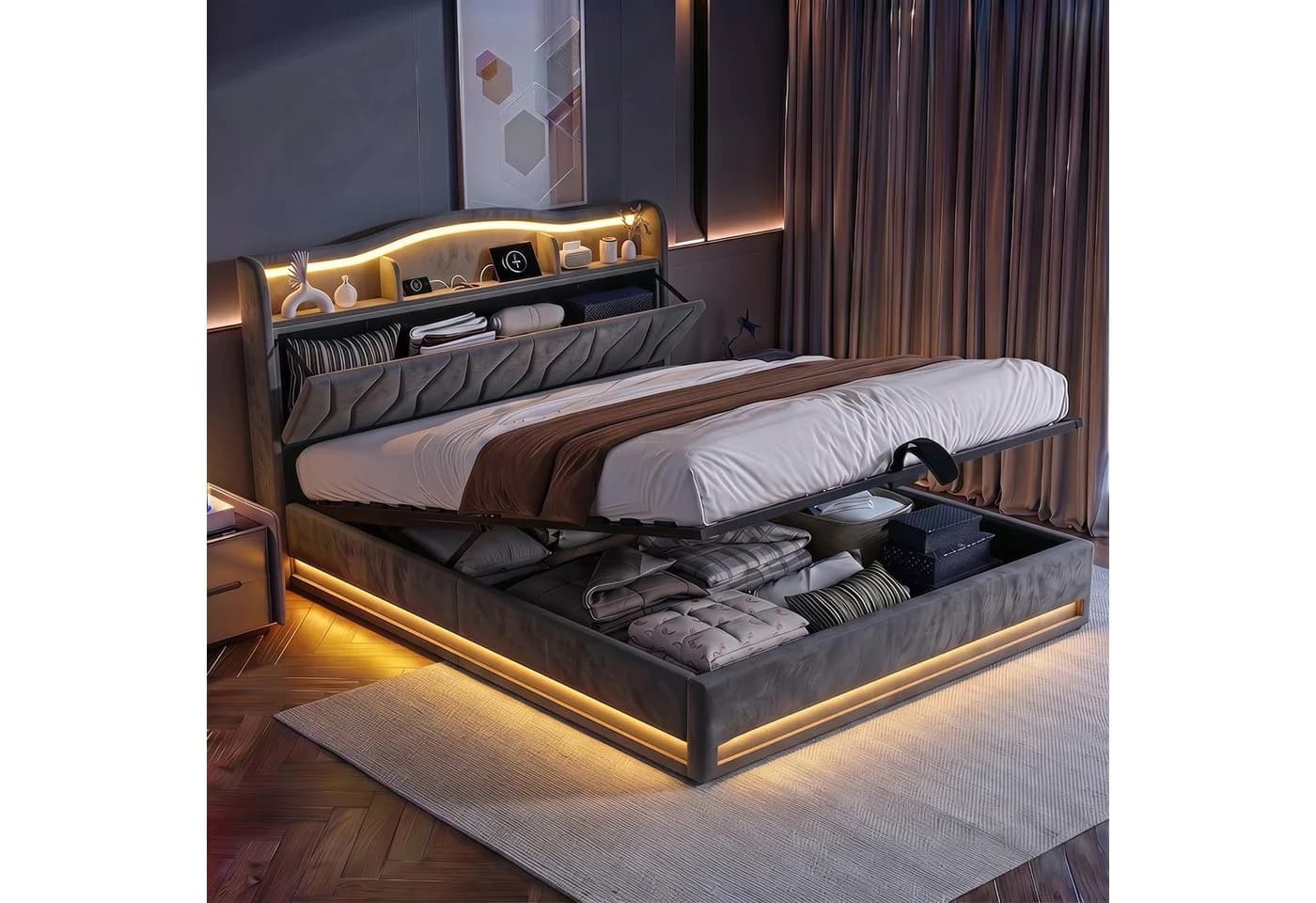 Gdood LED Polsterbett Grau mit Bettkasten und USB-Ladefunktion - Bild 2