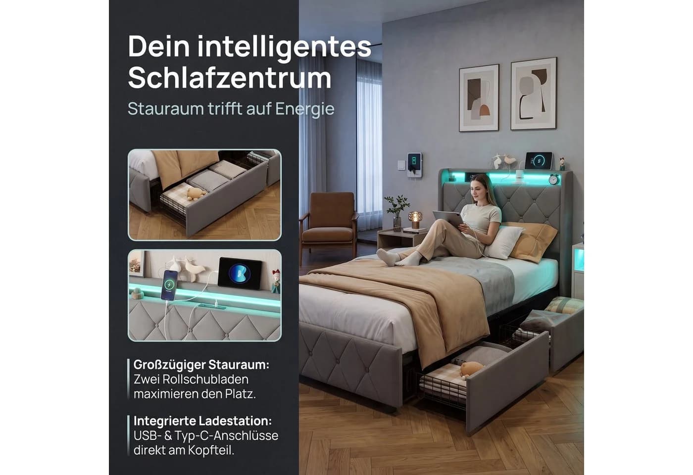 Furnishings Home Polsterbett LED Grau mit Stauraum - Bild 3