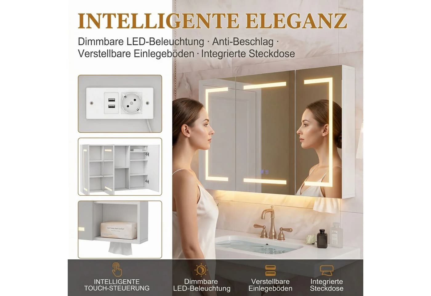 Gdood Badezimmerspiegelschrank mit LED, Touchschalter & Steckdosen - Bild 4
