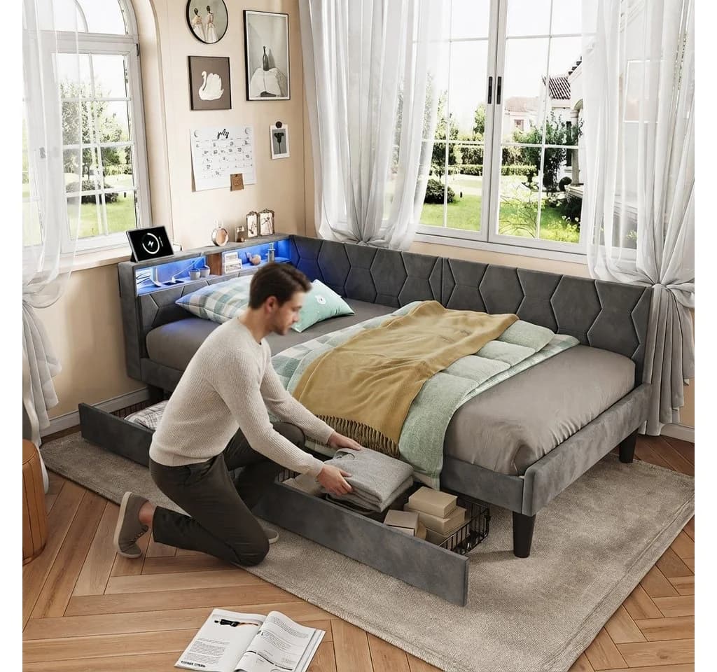 PXloue Polsterbett mit LED, Samtstoff Grau, 2 Schubladen, Ladestation