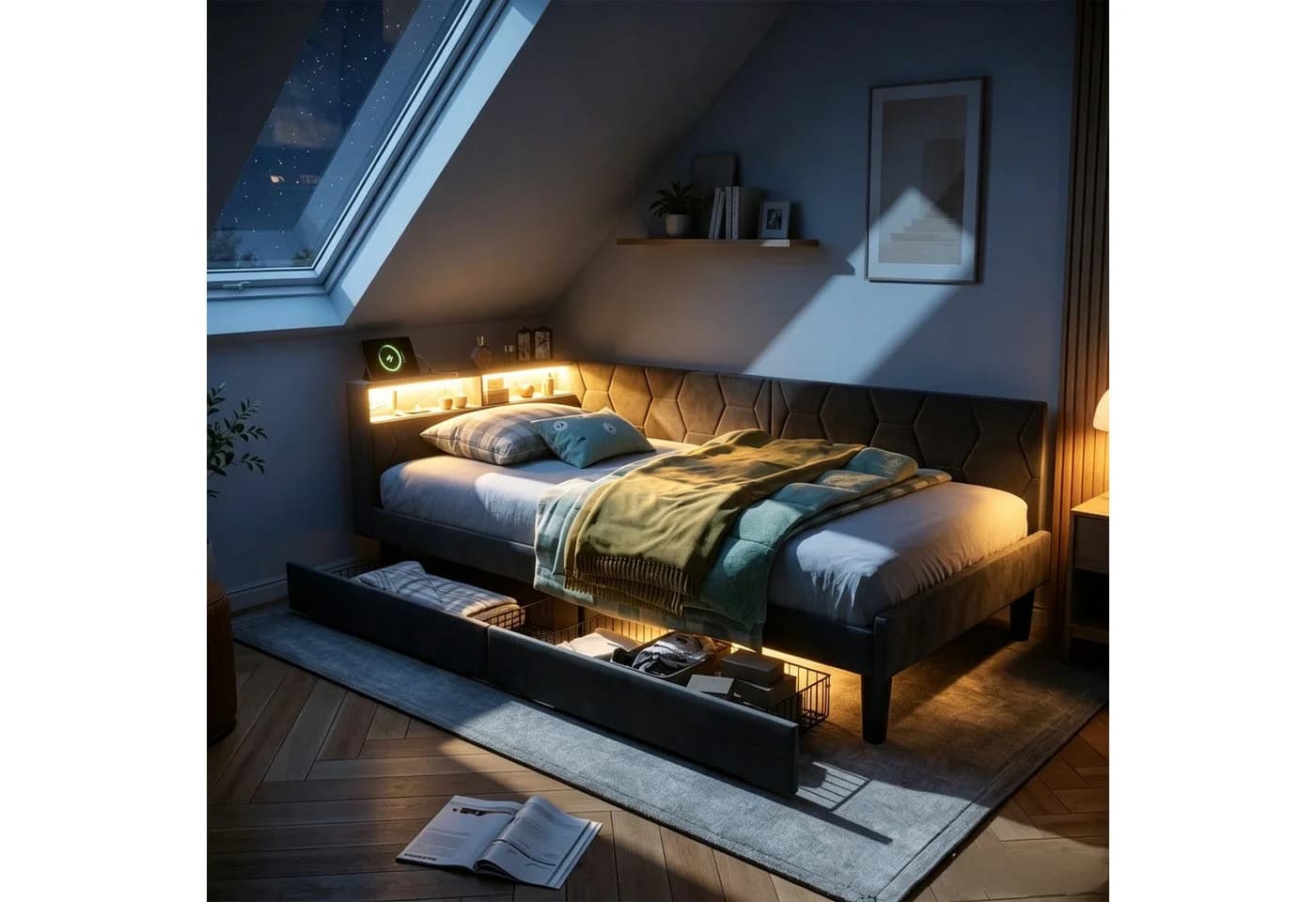 PXloue Polsterbett mit LED, Samtstoff Grau, 2 Schubladen, Ladestation - Bild 2