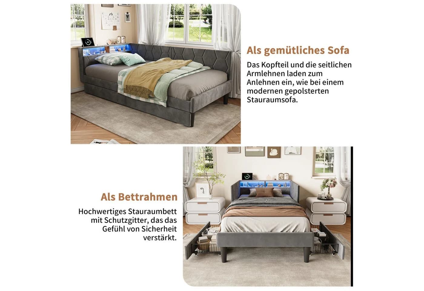 PXloue Polsterbett mit LED, Samtstoff Grau, 2 Schubladen, Ladestation - Bild 4