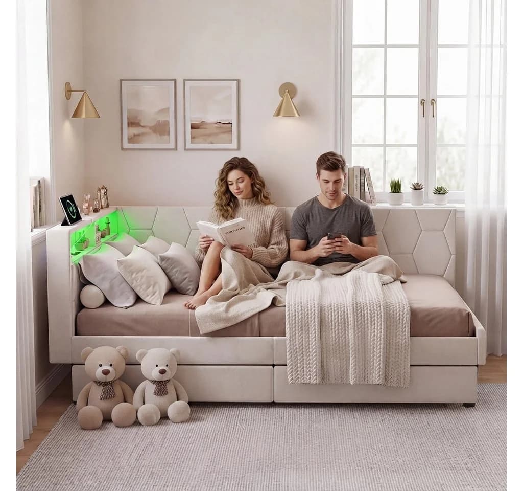 PXloue Polsterbett mit LED, Samt, Ausziehbett beige - Bild 3