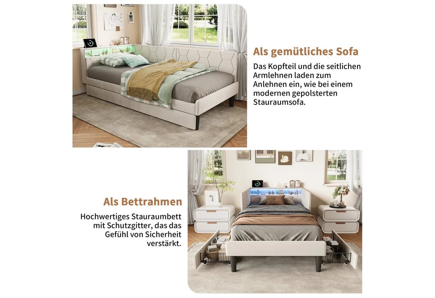 PXloue Polsterbett mit LED, Samt, Ausziehbett beige - Bild 4