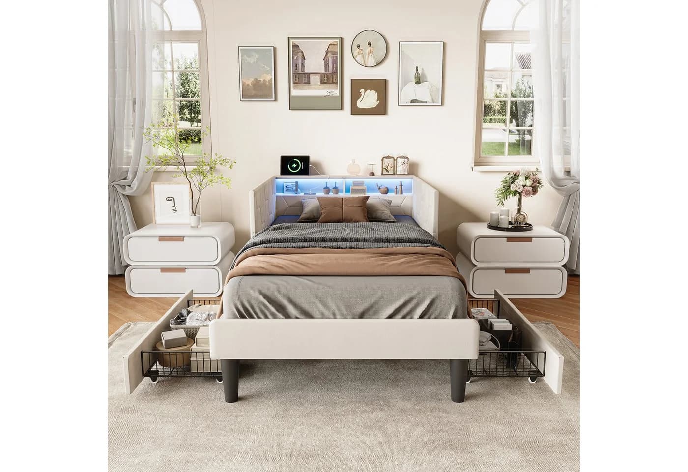 PXloue Polsterbett mit LED, Samt, Ausziehbett beige - Bild 5