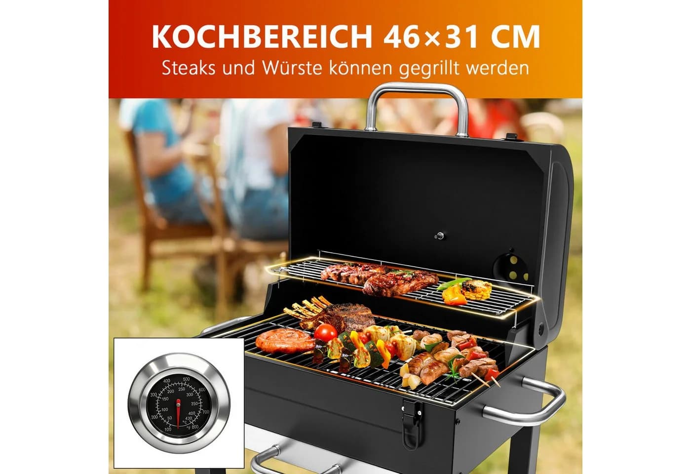 SunJas Faltbarer Holzkohlegrill mit Doppelgrillrost und Thermometer Schwarz