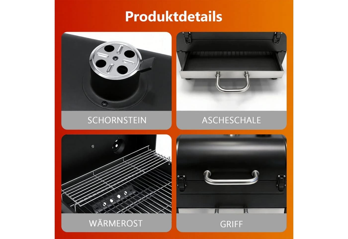SunJas Faltbarer Holzkohlegrill mit Doppelgrillrost und Thermometer Schwarz - Bild 4