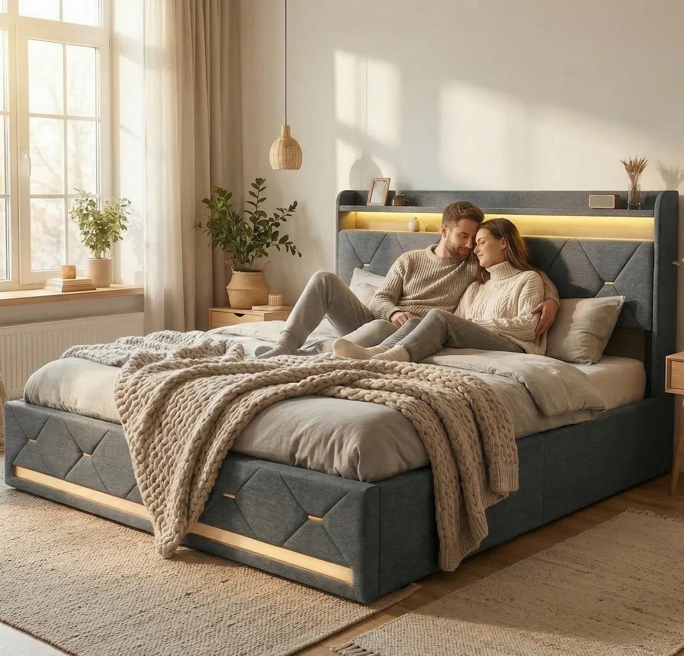 Furnishings Home LED Polsterbett Grau mit Bettkasten und RGB-Beleuchtung