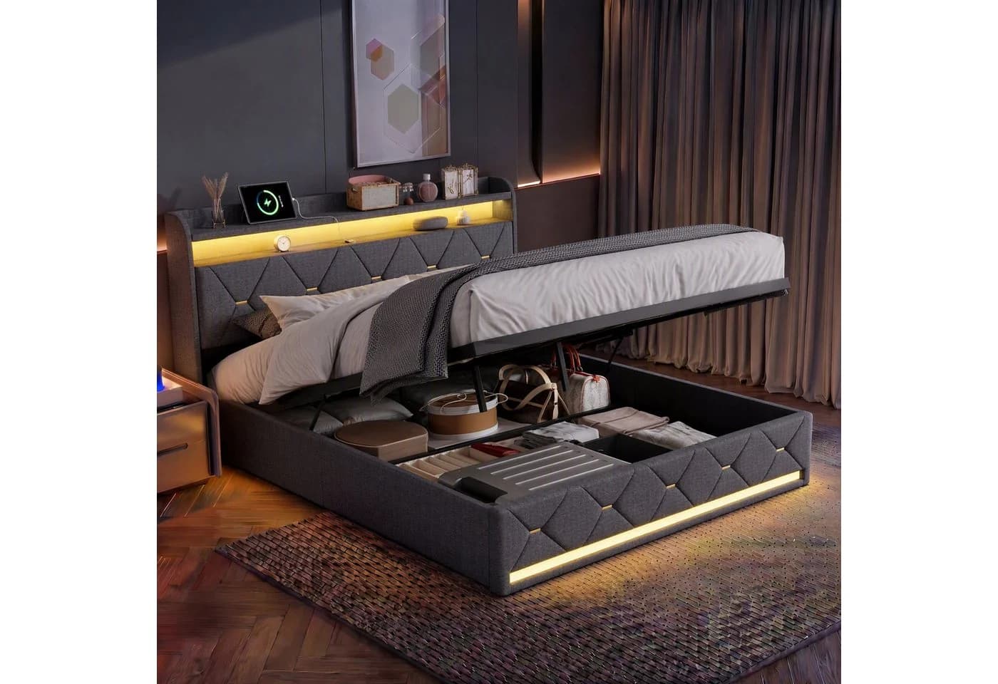 Furnishings Home LED Polsterbett Grau mit Bettkasten und RGB-Beleuchtung - Bild 2