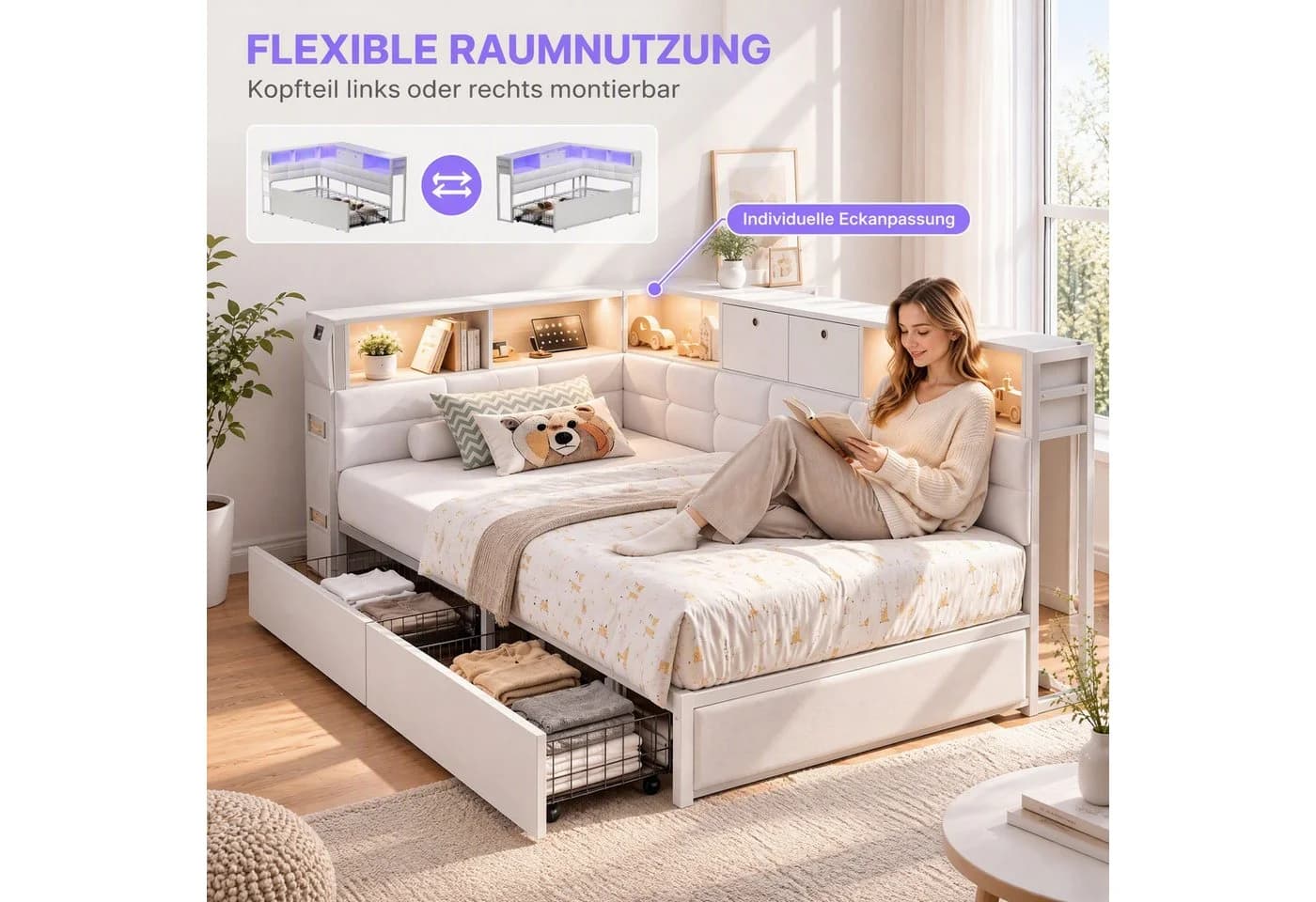 Furnishings Home Polsterbett mit LED-Beleuchtung und Stauraum