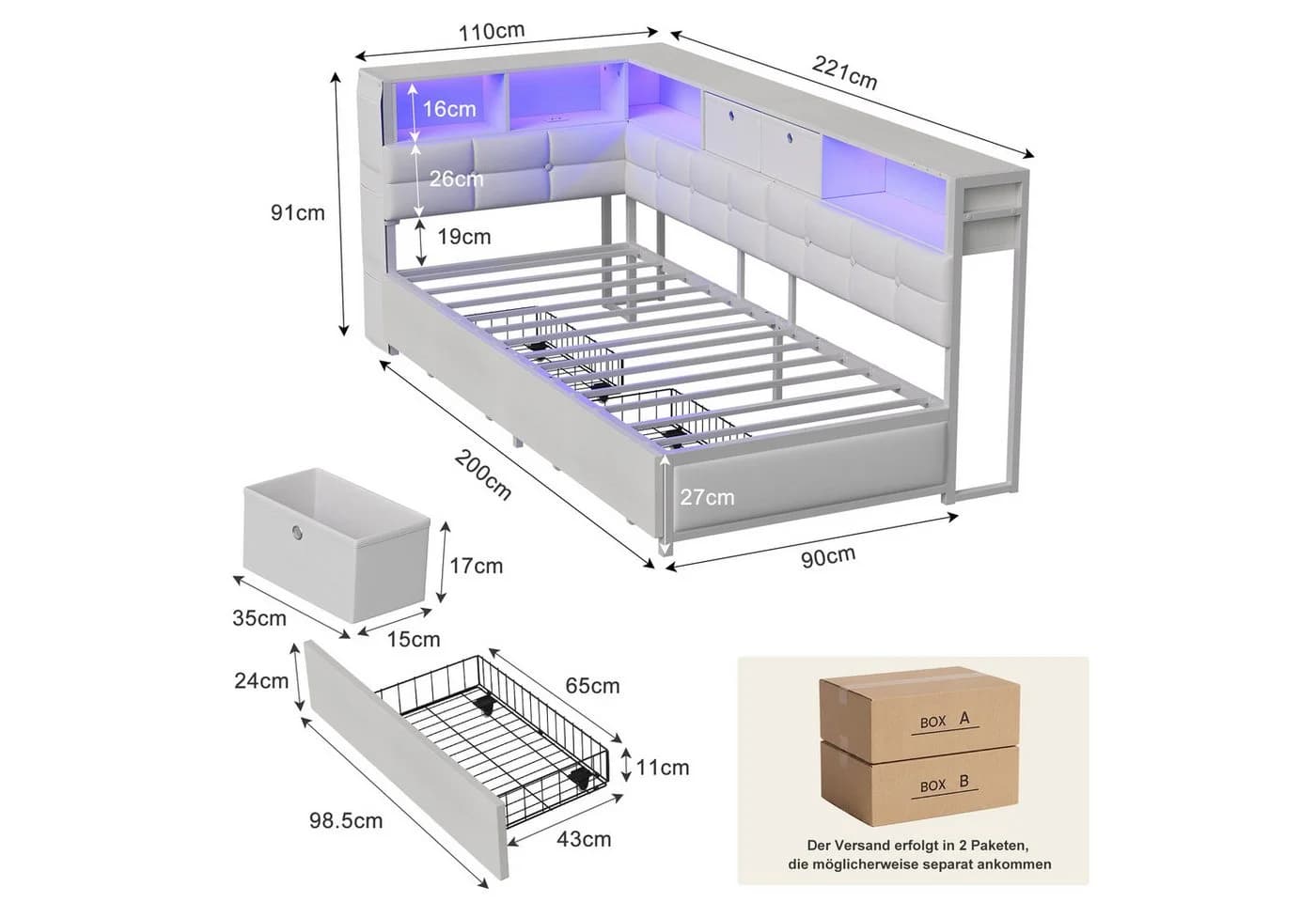 Furnishings Home Polsterbett mit LED-Beleuchtung und Stauraum - Bild 5