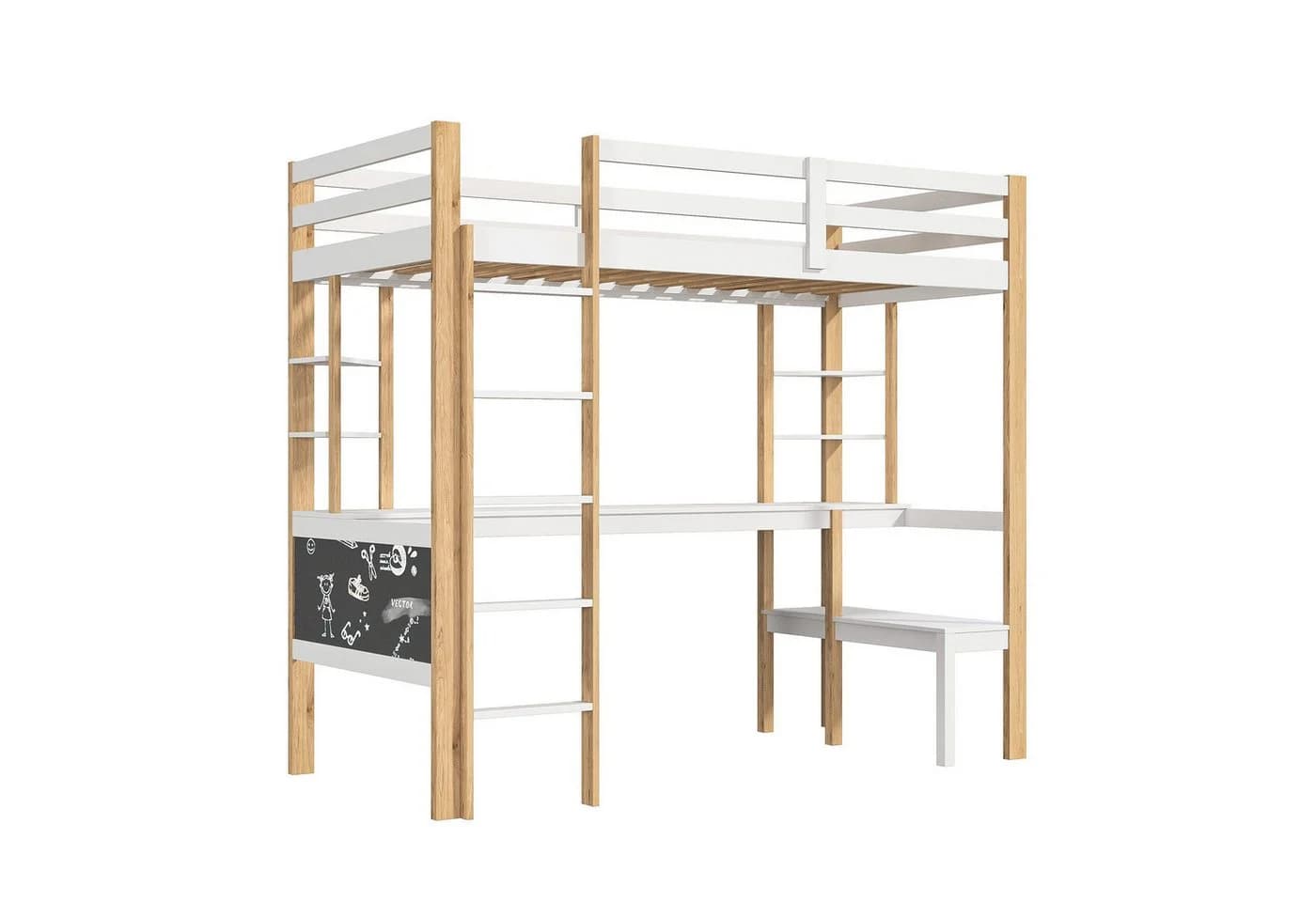 PXloue Hochbett 90x200 cm Weiß mit Stauraum-Treppe - Bild 3